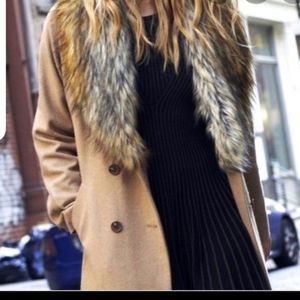 express belted long peacoat with faux furr neckline